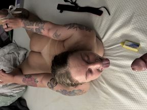 Whore gets face fucked hard until she can&#039;t breathe.  The I bend her the fuck over and pound her until I creampie her.