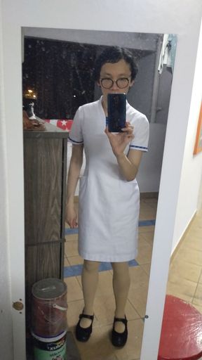 Lets wear someones Singhealth nurse dress, stockings and shoes.