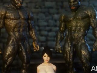 cg animation thressome with orcs and a large breasts hotty