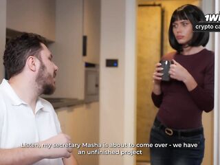 Secretary MariMoore unfathomable-mouths a dick and has coarse sex with her boss whilst his wife is in the next room