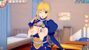 [Eroge Koikatsu! ] FGO Saber's boobs rubbed and Nio standing handjob blowjob sex after having you serve! Big Breasts Hentai [Hentai Game Feito]