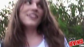 Hairy teen masturbating on camera, in forest