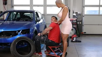 Busty blonde milf uses her tongue to pleasure a man's ass