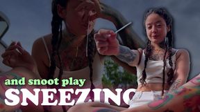 naughty girl outside sneezes and plays with snot