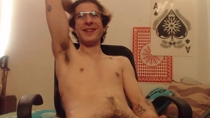 Skinny lad With Glasses jerking off His penis