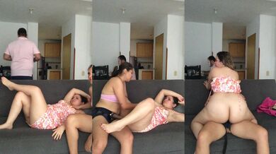 Stepdad's filthy show while lesbians finger themselves at home