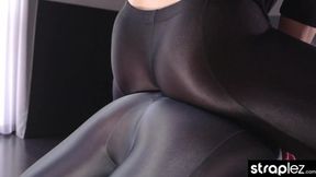 Cute lesbians flaunt their bodies, strapless dildo sex ensues in the gym