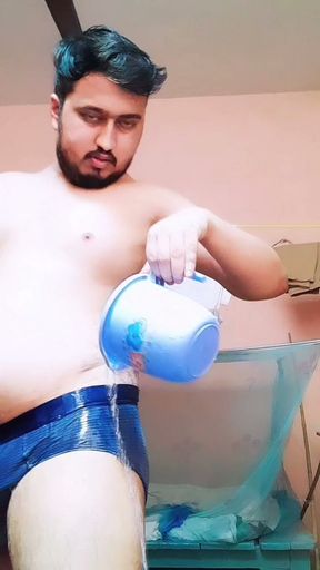 The cock is standing in the underwear.