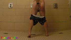 Pissing, wash, jerk off and cum in a real public shower room (second cum of day)