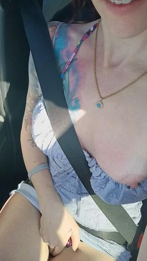 Redhead Driving Masterbation Pussy and Boobs teasing and playing
