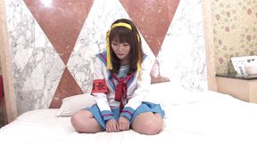 Japanese girl scout plays a teasing game