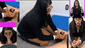 Panties salesgirl eRica gives a handjob using a pair of black satin panties until he jizzs all over them!