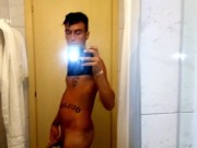 Stuffed belly amateur jerking