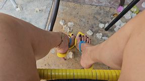 Milah Arches Extreme Close up colorful sandals and Foot Soles Teasing