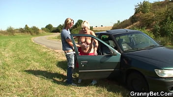 Blonde getting doggy-fucked roadside