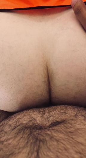 The workman taking a thick cut cock after he repairs the plumbing.