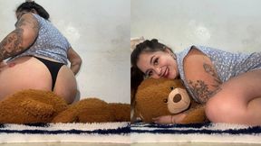 Squashing the teddy bear with my huge butt