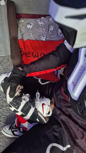 An Excited Guy in Motorcycle Gear Fucks His Sneakers