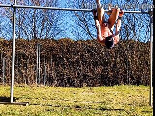 exposed pathetic white serf public outdoor in knob cage do fitness and swings at his homosexual balls, CMNM