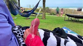 Big-titted OLDER WOMAN shows off her big member-handling skills in a public beach closeup