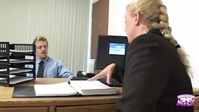 Blonde bombshell bangs blonde minion in fiery office tryst.