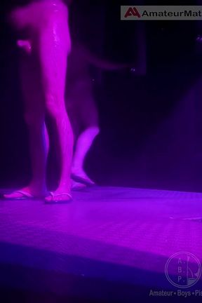 Amateur Guys Caught in the Gym's Shower - One of Them Gets Hard, Tries a Quick Handjob, and Leaves. the Other One Pees