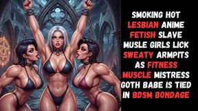 smoking hot lesbian anime fetish muscle slave gym girls lick sweaty armpits as fitness goth muscle mistress vampire babe is tied in BDSM bondage