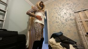 Mature CD Joanne posing in tight animal print bodysuit