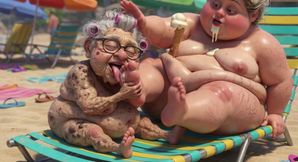Elderly Granny Passionately Sucking BBW Feet on the Beach