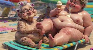Elderly Granny Passionately Sucking BBW Feet on the Beach