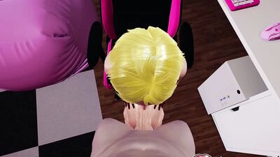 Watch anime babe in leotard and red panties give hard mouth fuck, handjob, and cumshot facial