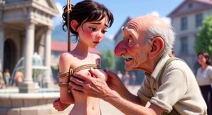 Tied Woman in Public Square - Old Man Caresses Her Body