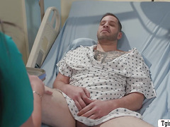 Hot TS nurse gives lucky patient a deepthroat BJ and gives him a hot fuck