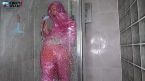 Slippery Pink Pvc Shower Tease: Soaked and Squeaky Fun