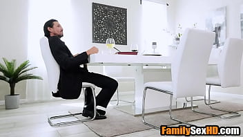 Blonde teen sucks step-dad under the table