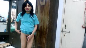 Sweet sissy crossdresser femboy in boyfriend's loungewear.