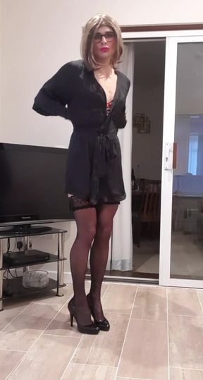 A little booty tease, leopard print lingerie, stockings, heels, satin gloves, do my legs look long?