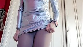 hot beautiful dancer farts and pisses in metallic dress