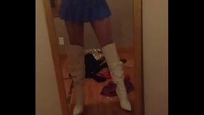 Blue mini skirt tease