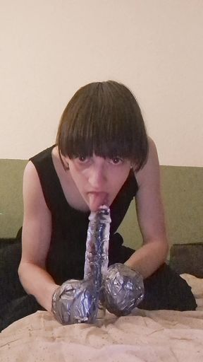 selfbondage mittens and dildo sucking