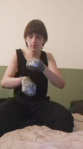 selfbondage mittens and dildo sucking