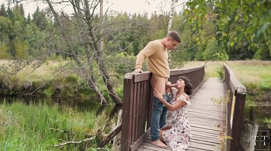 His hardcore future wife gets a face and chest covered in strangers' cum in the woods