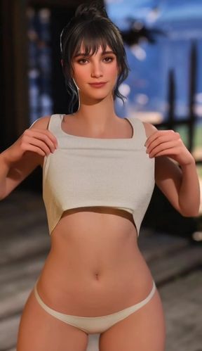 Slim blonde pro poses in sexy AI-generated 3D with mixed NSFW cum play