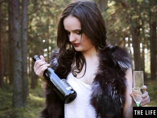 Slutty Brunette Hair Screws her Vagina with a Wine Bottle in the Woods