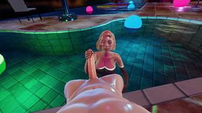 Hot Pink Hair Hitomi in Fishnet Body in Pool - Enjoy Sloppy POV Blowjob Service, Handjob Dick Stroking in Water, and Glory Hole
