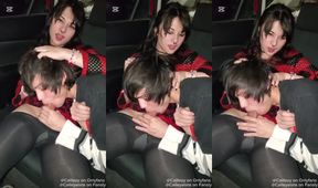 Femboy deepthroats trans teen in the backseat nasty blowjob caught on cam