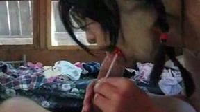 Attractive girl with braided hair gives awesome blowjob