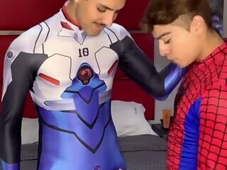 Spider-Man and an Avenger fool around in cosplay spandex fun