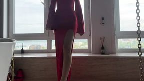 yoga in tight transparent red dress