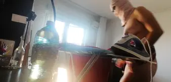 Sexy wife does yoga naked. Sexy hairy brunette, big tits, big ass. Sexy wife dances naked,